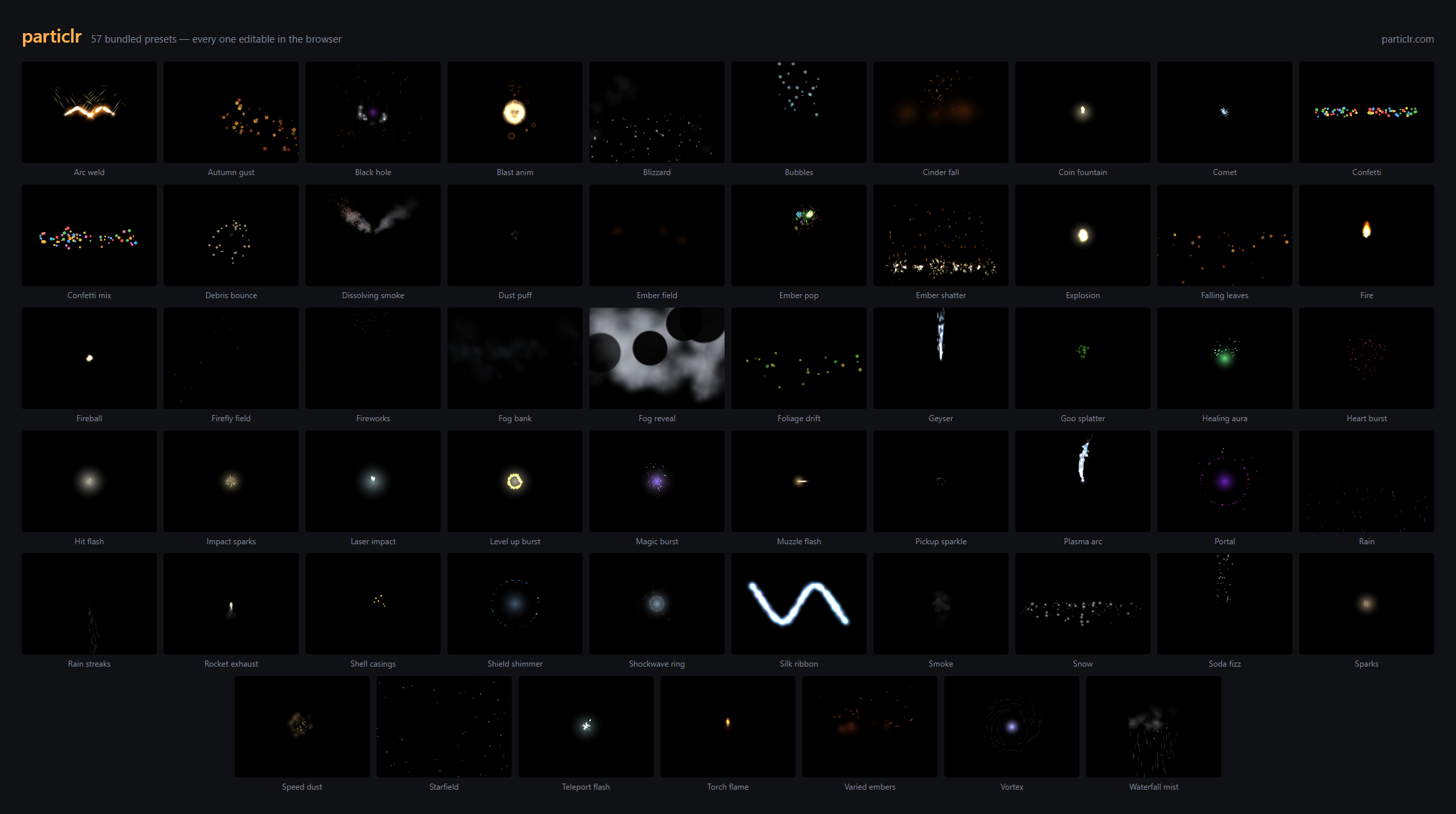 The 57 CC0 presets bundled with the particlr editor, each labelled